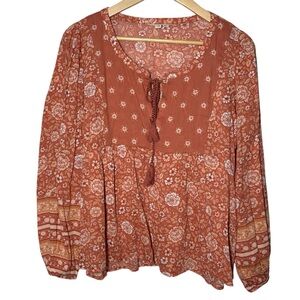 Lucky Brand Peasant Top Blouse Women's Medium Orange Floral Boho Cottage Hippie